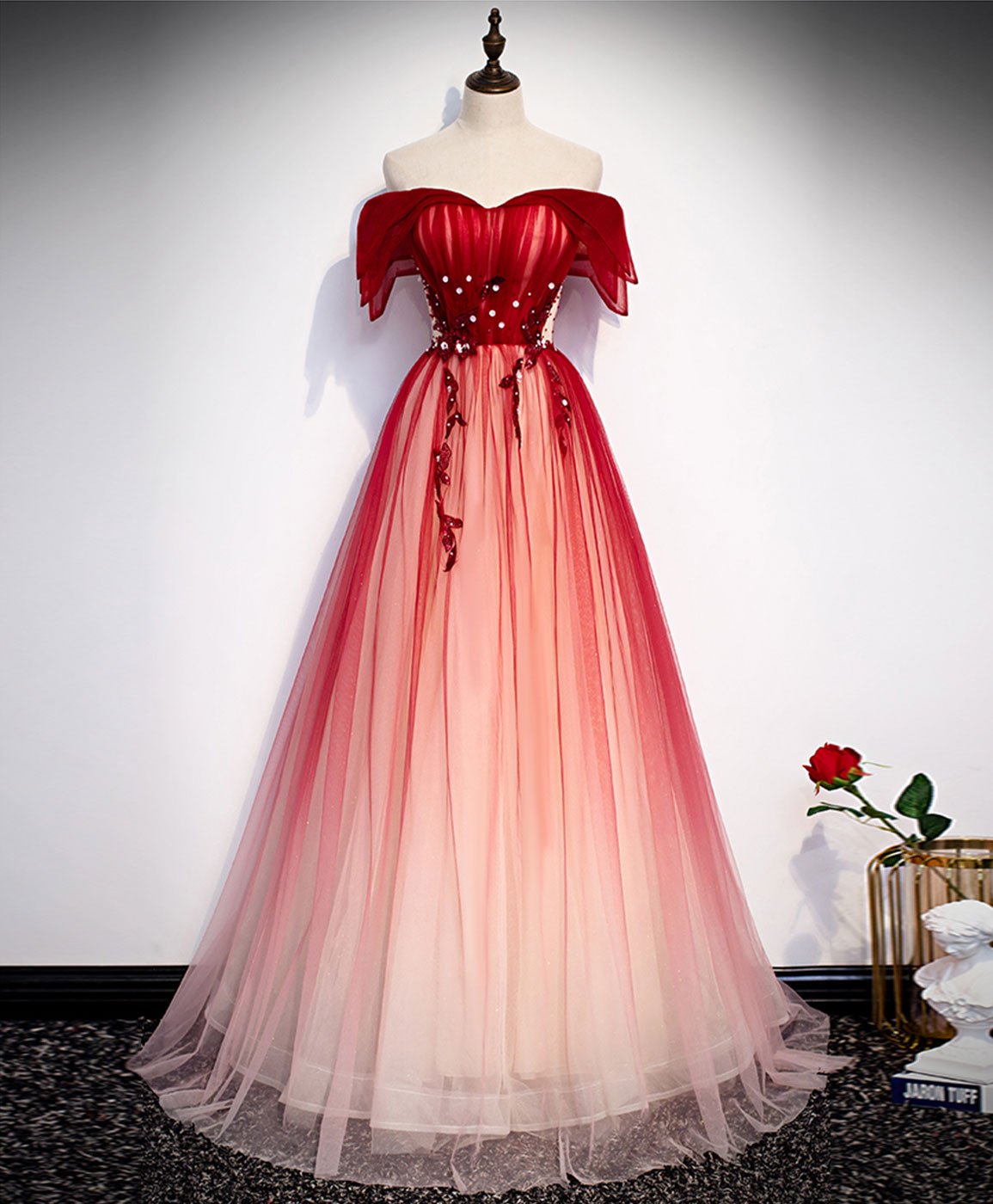 Burgundy Off Shoulder Tulle Long Prom Dress, Burgundy Formal Dress, 1 –  Denver Dress