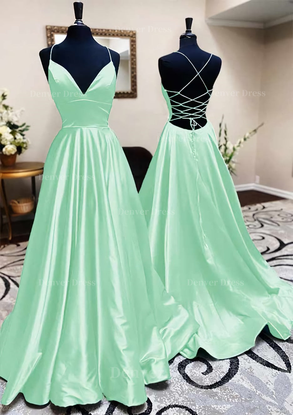 A-line Square Neckline Spaghetti Straps Sweep Train Charmeuse Prom Dress  With Split - Prom Dresses - Stacees