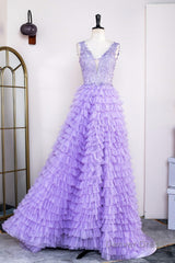 Lavender Plunging V Neck Appliques Layers Long Prom Dress with Slit