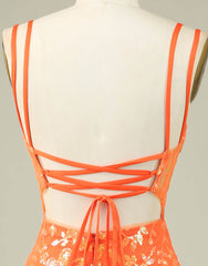 Orange Double Spaghetti Straps Glitter SequinTight Homecoming Dresses