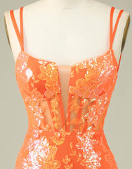 Orange Double Spaghetti Straps Glitter SequinTight Homecoming Dresses