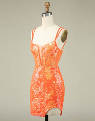 Orange Double Spaghetti Straps Glitter SequinTight Homecoming Dresses