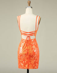 Orange Double Spaghetti Straps Glitter SequinTight Homecoming Dresses