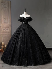 Black Tulle Long A-Line Prom Dresses, Shiny Off Shoulder Evening Dresses