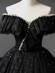 Black Tulle Long A-Line Prom Dresses, Shiny Off Shoulder Evening Dresses