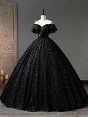 Black Tulle Long A-Line Prom Dresses, Shiny Off Shoulder Evening Dresses