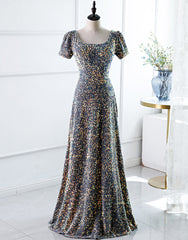 A-Line Square Long Evening Dresses with Sequins