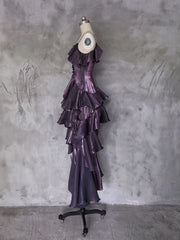 Dark Purple Asymmetrical Layered Flounce Spaghetti Strap Dresses Evening Gown