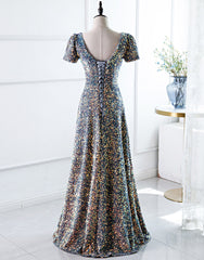 A-Line Square Long Evening Dresses with Sequins