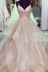 rose gold ruffled long prom Dresses with pleated bodice