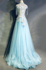 Modest Square Neckline Beading Appliques Sky Blue Long Prom Dresses Pageant Gown