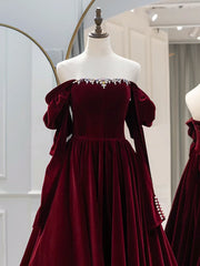 A-Line Long Sleeves Velvet Burgundy Long Prom Dresses, Burgundy Long Evening Dresses with Beads