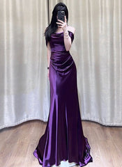 Lilla satin off skulder lang aftenkjole, lilla satin prom kjole