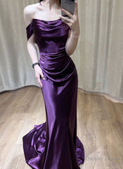 Purple Satin Off Shoulder Long Evening Dress, Purple Satin Prom Dress