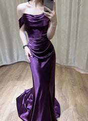 Lilla satin off skulder lang aftenkjole, lilla satin prom kjole