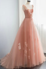 Pink Tulle Long Prom Dresses, Cute A-Line Graduation Dresses