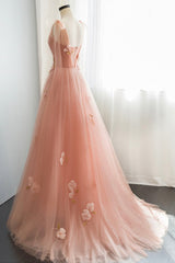 Pink Tulle Long Prom Dresses, Cute A-Line Graduation Dresses