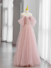 Pink Tulle Long Prom Dresses, Beautiful A-Line Off Shoulder Evening Dresses