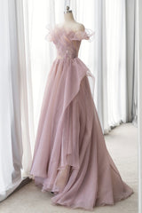 Pink Tulle Long A-line Prom Dresses, Lovely Off the Shoulder Evening Dresses