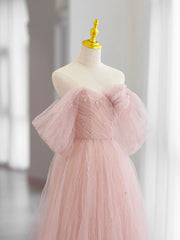 Pink Tulle Long Prom Dresses, Beautiful A-Line Off Shoulder Evening Dresses