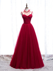 Red Spaghetti Strap Tulle Party Dresses, Red Floor Length Prom Dresses