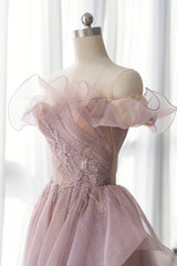 Pink Tulle Long A-line Prom Dresses, Lovely Off the Shoulder Evening Dresses