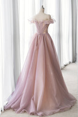 Pink Tulle Long A-line Prom Dresses, Lovely Off the Shoulder Evening Dresses