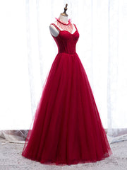 Red Spaghetti Strap Tulle Party Dresses, Red Floor Length Prom Dresses