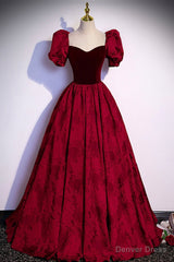 Burgundy Velvet Long A-Line Prom Dress, Short Sleeve Evening Dress