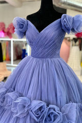 Blue V-neck Tulle Formal Dresses with Flowers, Blue Floor Length Prom Dresses