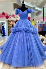 Blue V-neck Tulle Formal Dresses with Flowers, Blue Floor Length Prom Dresses