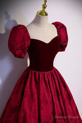 Burgundy Velvet Long A-Line Prom Dress, Short Sleeve Evening Dress