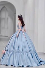 Blue Satin A-Line Princess Dresses, Blue A-Line Evening Gown with Bow