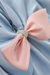 Blue Satin A-Line Princess Dresses, Blue A-Line Evening Gown with Bow