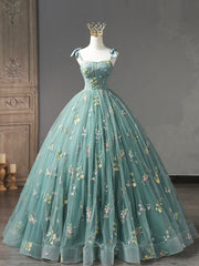 Green Floral Tulle Long Prom Dresses, Cute Off Shoulder Evening Party Dresses