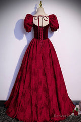 Burgundy Velvet Long A-Line Prom Dress, Short Sleeve Evening Dress