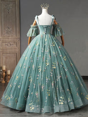 Green Floral Tulle Long Prom Dresses, Cute Off Shoulder Evening Party Dresses