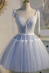 Blue Lace Short A-Line Prom Dresses, Cute Spaghetti Strap Party Dresses