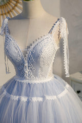 Blue Lace Short A-Line Prom Dresses, Cute Spaghetti Strap Party Dresses