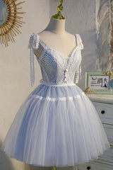 Blue Lace Short A-Line Prom Dresses, Cute Spaghetti Strap Party Dresses