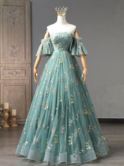 Green Floral Tulle Long Prom Dresses, Cute Off Shoulder Evening Party Dresses