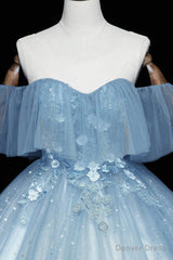 Blue Tulle Lace Long Prom Dresses, A-Line Off the Shoulder Evening Dresses