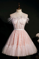 Pink Strapless Lace Short Prom Dresses, A-Line Party Dresses with Feather