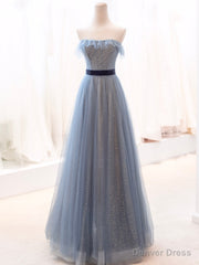 Blue Tulle Long Prom Dress, A-Line Strapless Evening Party Dress