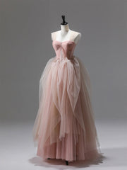 Pink Tulle Lace Long Prom Dresses, Beautiful A-Line Evening Party Dresses