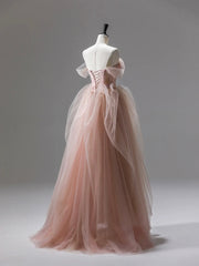 Pink Tulle Lace Long Prom Dresses, Beautiful A-Line Evening Party Dresses