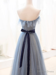 Blue Tulle Long Prom Dress, A-Line Strapless Evening Party Dress