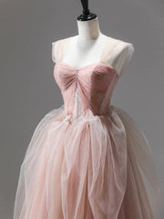 Pink Tulle Lace Long Prom Dresses, Beautiful A-Line Evening Party Dresses