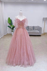 Pink Tulle Sequins Long Prom Dresses, Cute A-Line Evening Dresses