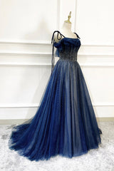 Blue Long Tulle Beaded Prom Dresses, Blue Evening Party Dresses